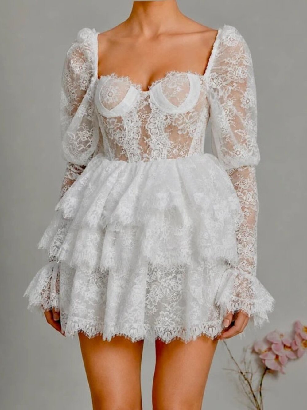 Miss Rosier White Semi-Sheer Mini Dress with Lace Trim